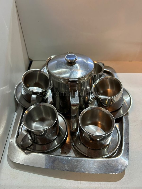 Juego de Cafetera con Tazas y Platos de Acero Inoxidable