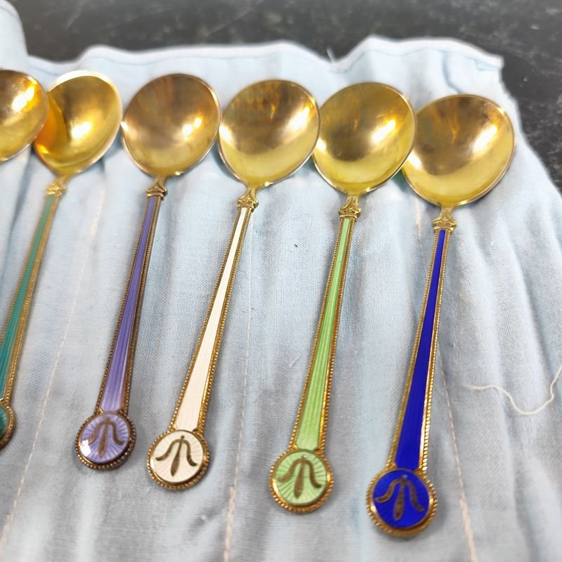 12 majestuosas cucharas de mermelada en plata noruega esmaltados - imagen 6