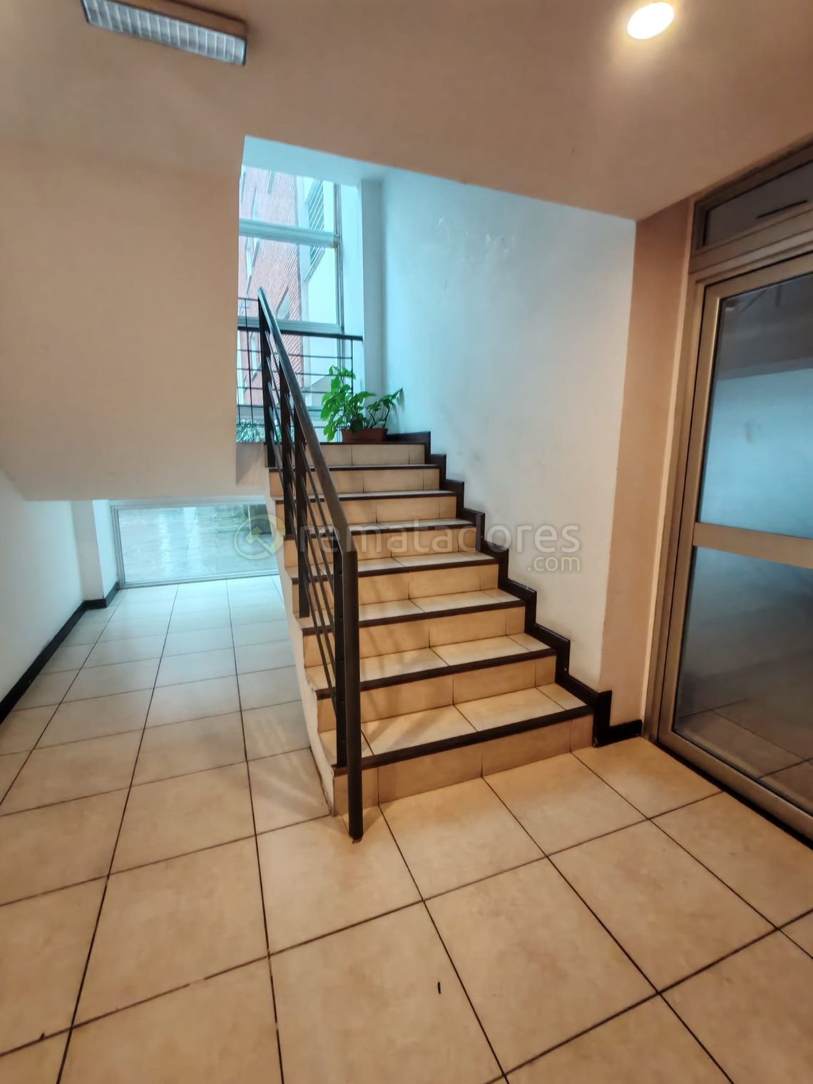 Escalera Interior de Edificio con Planta y Pasamanos Metálico