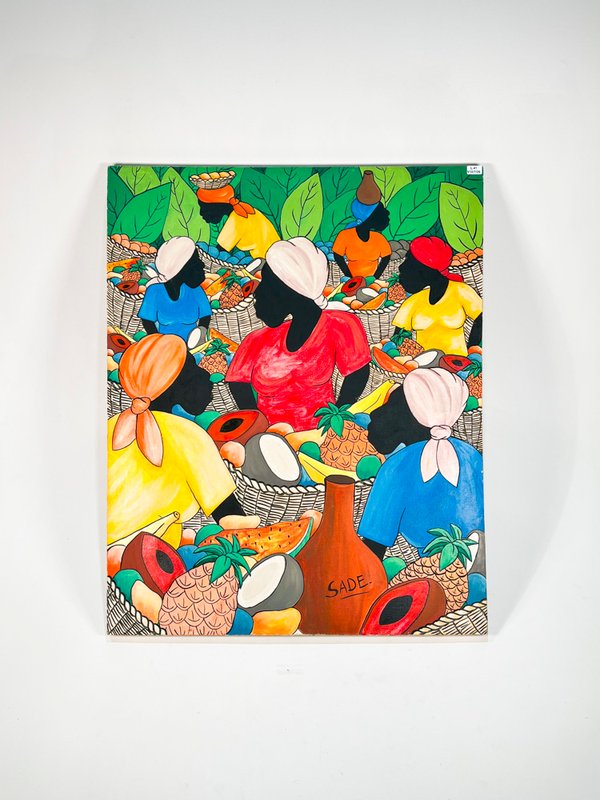Cuadro al óleo sobre bastidor: Campesinas africanas, firmado "Sade" - imagen 1