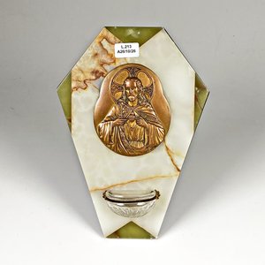 Pila Religiosa de Ónix con Placa de Bronce Firmada "C. Clement" - imagen 1