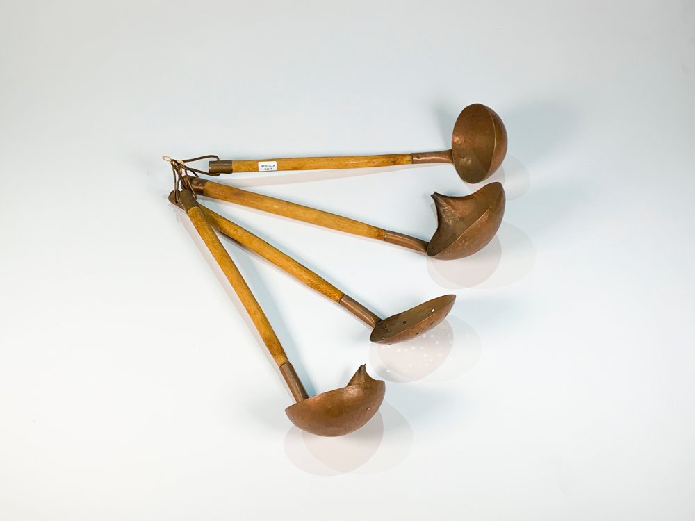 Juego de 4 Utensilios de Cocina en Madera y Cobre: Espumadera y Cucharones