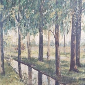 Importante Cuadro al Óleo: Paisaje de Arroyo y Arboleda Firmado R. Revelles / Philippart - imagen 3