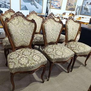 Conjunto de 6 Sillas Luis XV Madera Tallada Tapizado Jacquard - imagen 4