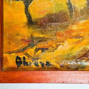 Cuadro al óleo: Paisaje campestre con rancho y árboles, firmado - imagen 2