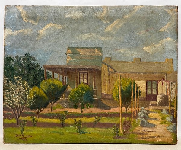 Lote siguiente: Pintura de una casa con un árbol delante