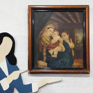 Oleo "La Virgen de la Silla" sin firma, marco de madera y yeso - imagen 6