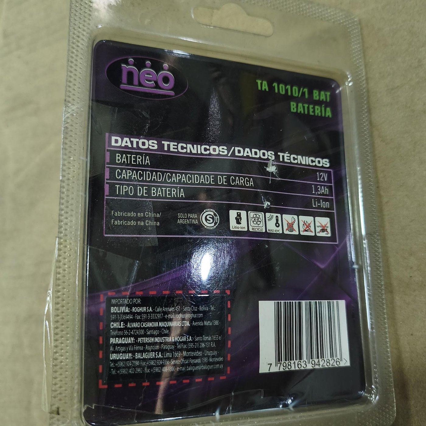 Batería Recargable Neo de Ion de Litio 12V para Herramientas