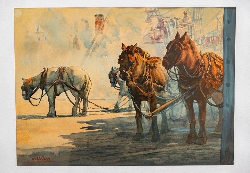 Acuarela "Caballos de Tiro" de Esteban Garino