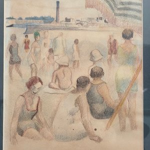 Dibujo a Lápiz Carmelo Arzadun - Escena de Playa con Marco Dorado - imagen 5