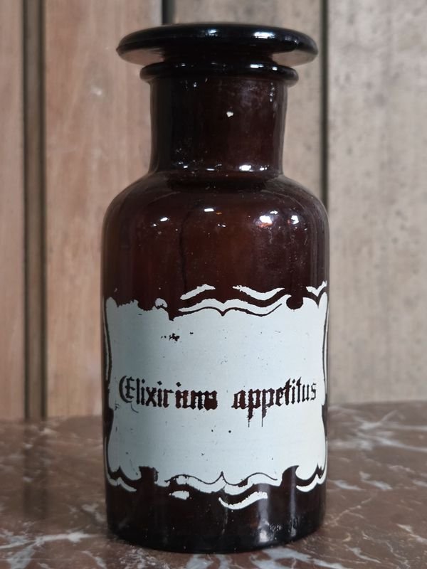 Frasco de Farmacia Antiguo "Elixirium Appetitus" Vidrio Ámbar 15 cm