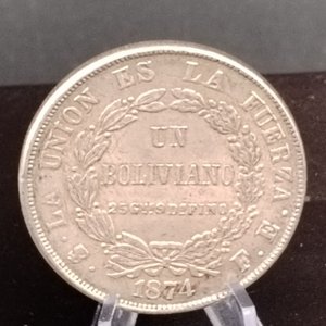 Moneda de Plata Boliviana 1 Boliviano 1874, Ensayador FE, 25.1g - imagen 3