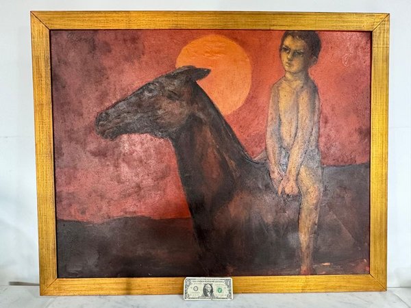 Óleo de Tejera - Niño y Caballo con Puesta de Sol