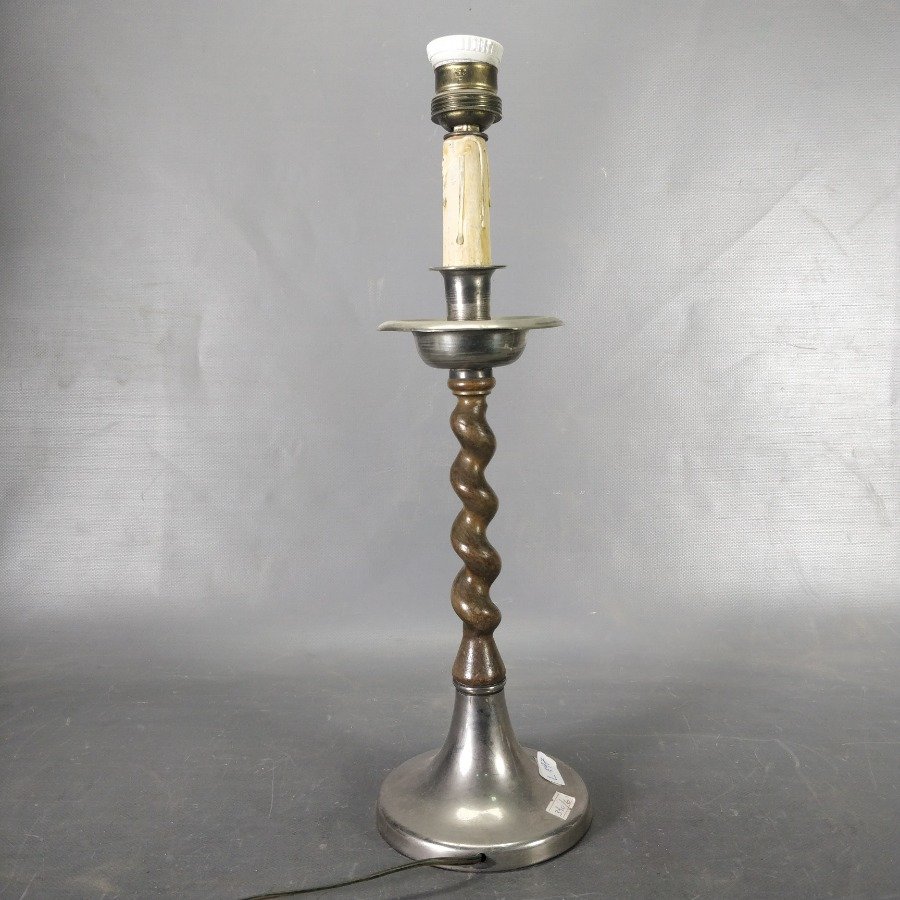 Lámpara de Mesa Antigua Metal y Madera Torneada