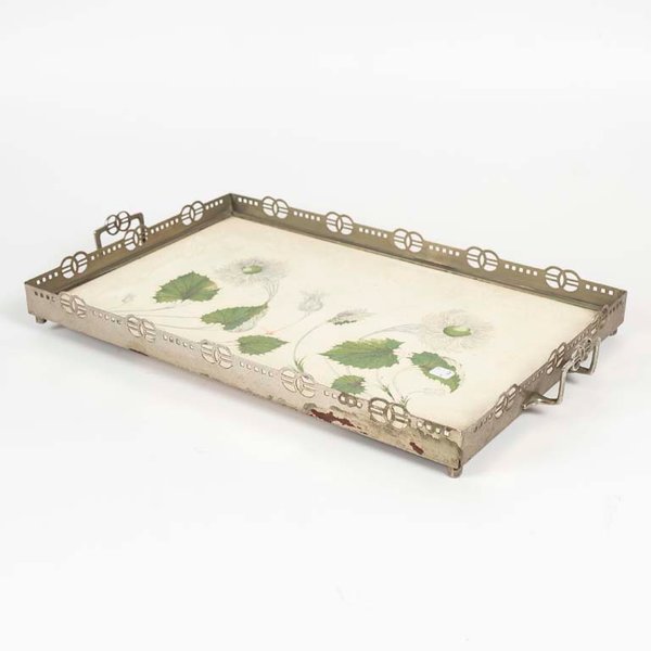 Bandeja Rectangular Mayólica Decorada con Hojas y Borde Metálico Calado - imagen 1