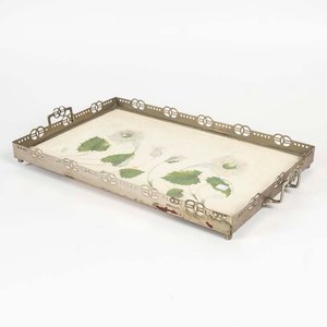 Bandeja Rectangular Mayólica Decorada con Hojas y Borde Metálico Calado - imagen 1