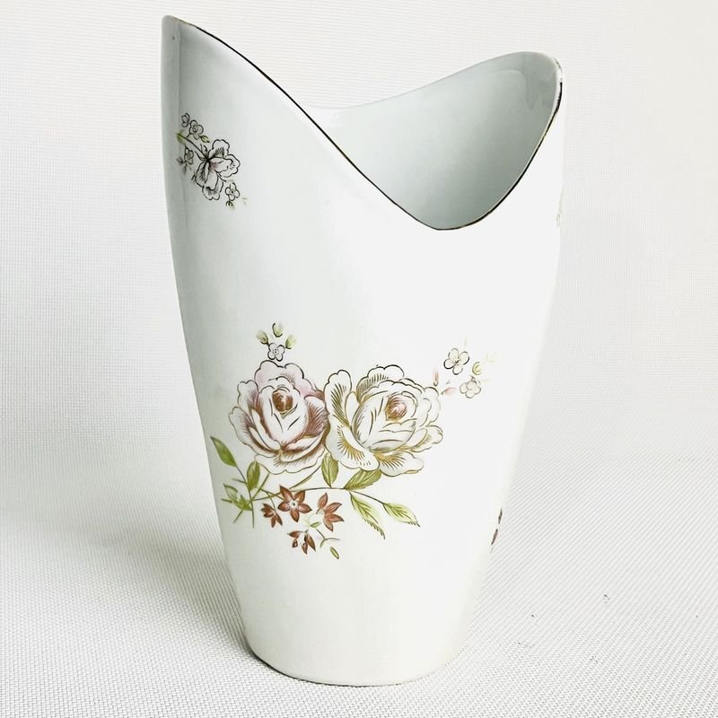 Vaso de porcelana vintage con diseño floral y filete dorado - imagen 3