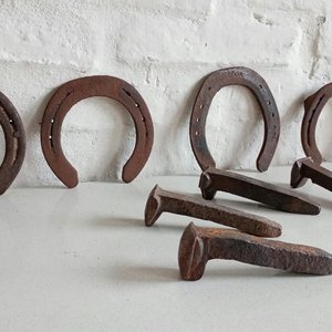 Lote siguiente: 4 Herraduras y 4 Clavos de Vía de Hierro Oxidado