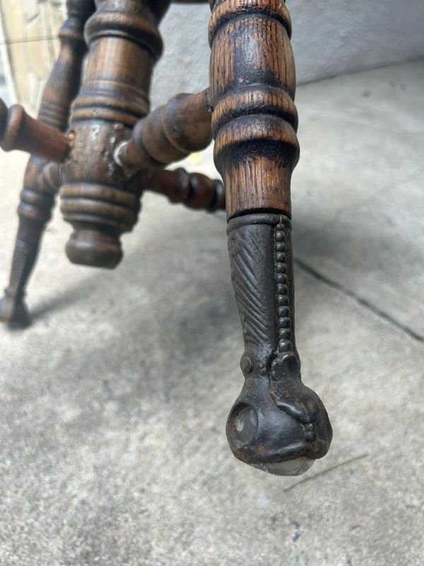 Banqueta de piano regulable en roble americano con patas hierro y bochas de vidrio firme - imagen 3