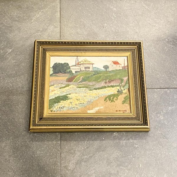 Cuadro al óleo de paisaje rural con casa, firmado B. Bravo