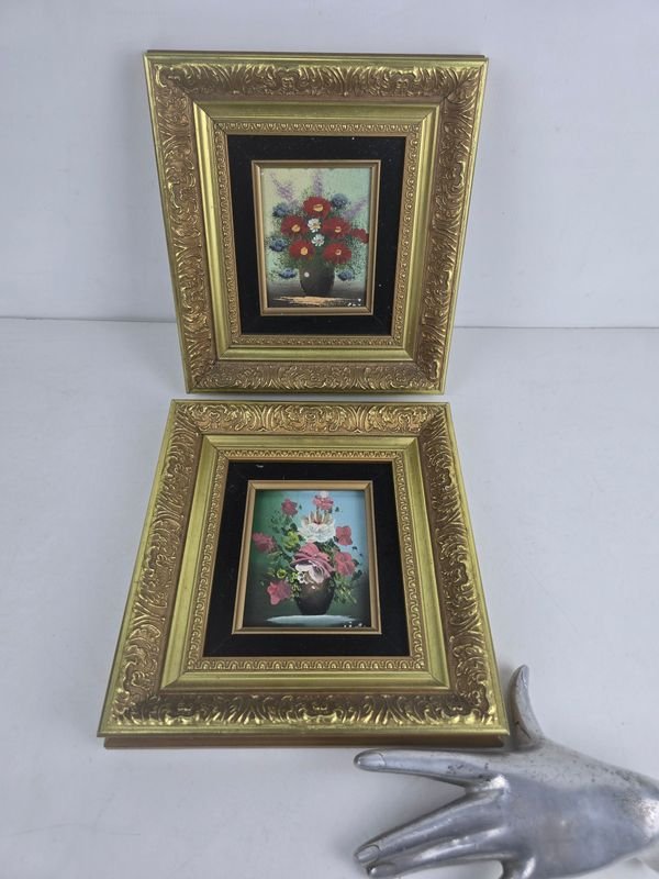 Par de Cuadros Decorativos Florales en Marco Dorado