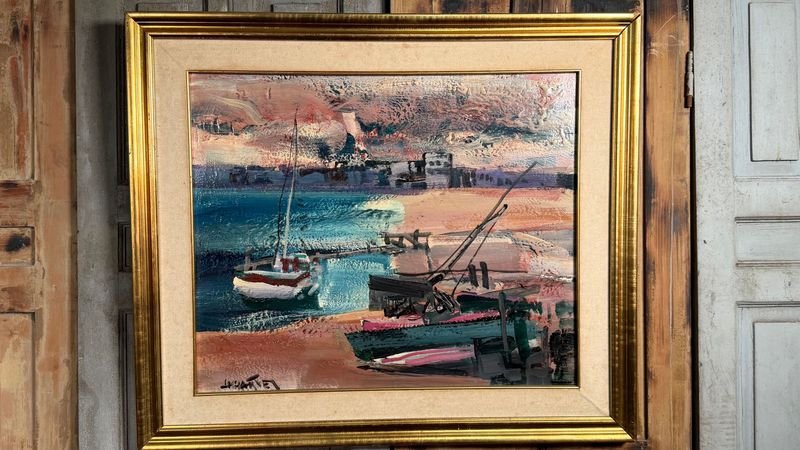 Pintura al óleo "Puerto con Velero" de Hugo Nantes, 60x50cm