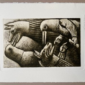 Grabado "El lobo y la grulla" de Luis Alberto Solari, 155/200 - imagen 2