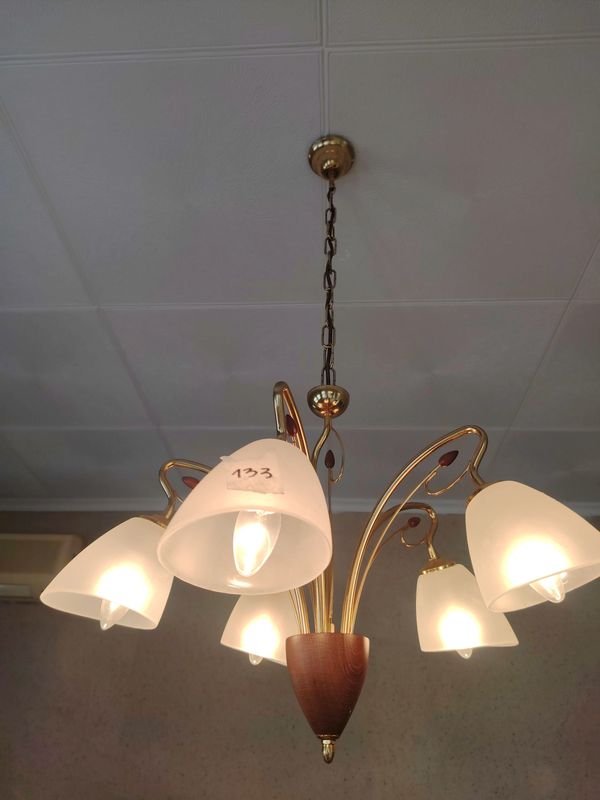 Lámpara Colgante de Bronce y Madera con 4 Picos de Luz