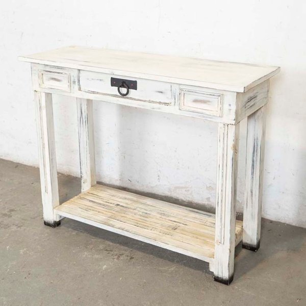 Mesa de Arrimo Blanca Patinada con Cajón y Detalles