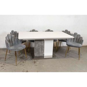 Lote siguiente: Mesa Extensible Blanca con Pie Central Cromado y Seis Sillas Grises Tapizadas