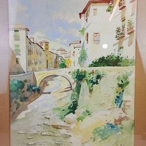 Acuarela Firmada F. Ribas: Paisaje Urbano con Río y Puente (45x58cm) - imagen 3