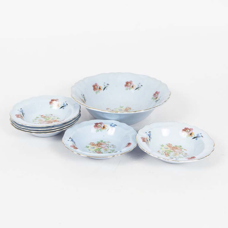 7 Piezas de fruta de loza inglesa J & G Meakin celeste decorado flores borde dorado. - Medidas: Bowl 16x4cm