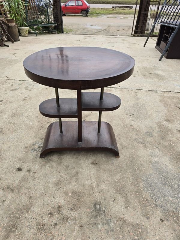 Mesa Auxiliar Art Decó Redonda de Madera Oscura