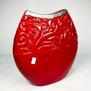 Centro de Cerámica Rojo con Borde de Peltre Labrado - imagen 2