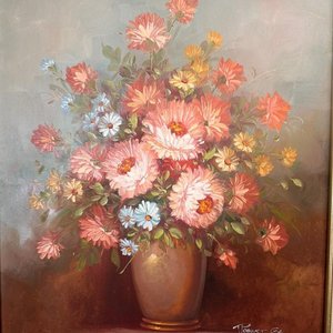 Pintura al óleo de florero con flores, 70x60 cm - imagen 2