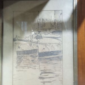boceto a lápiz o tinta que representa dos embarcaciones o barcos atracados en un muelle - imagen 2
