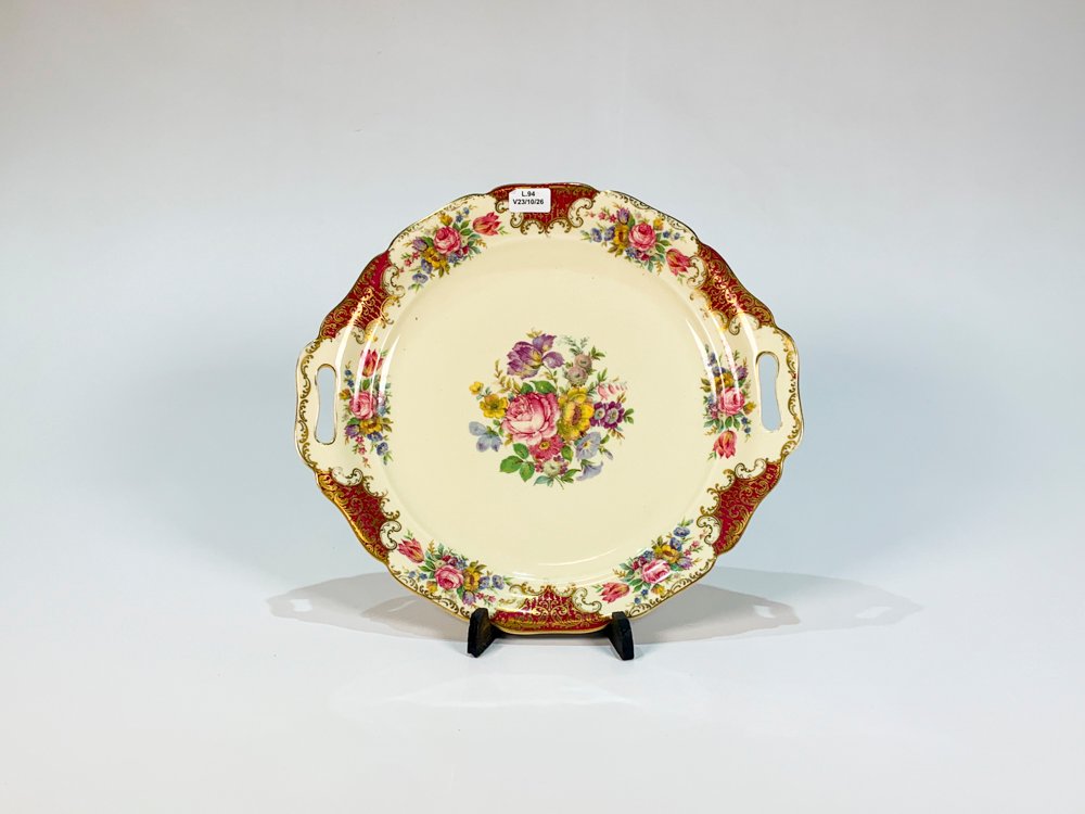 Plato para Torta de Porcelana Rosenthal Beige y Bordeaux con Flores