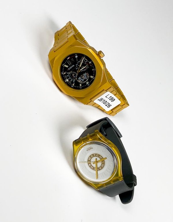 Dos Relojes de Pulsera para Caballero: Geneva Dorado y Swatch Transparente