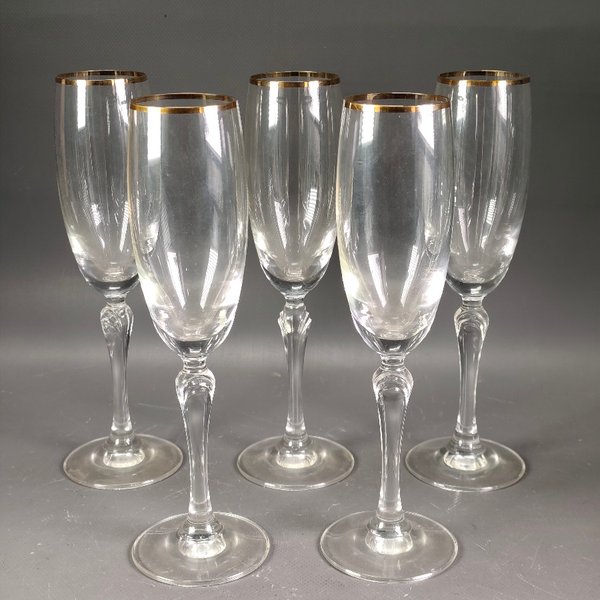 Juego de 5 Copas de Champagne con Borde Dorado en Cristal