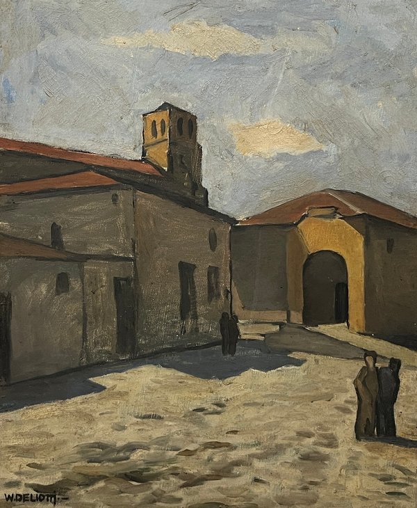 Oleo "Pueblo" de Walter Deliotti, 46 x 38 cm - imagen 1