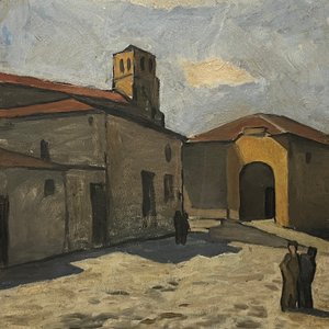 Oleo "Pueblo" de Walter Deliotti, 46 x 38 cm - imagen 1