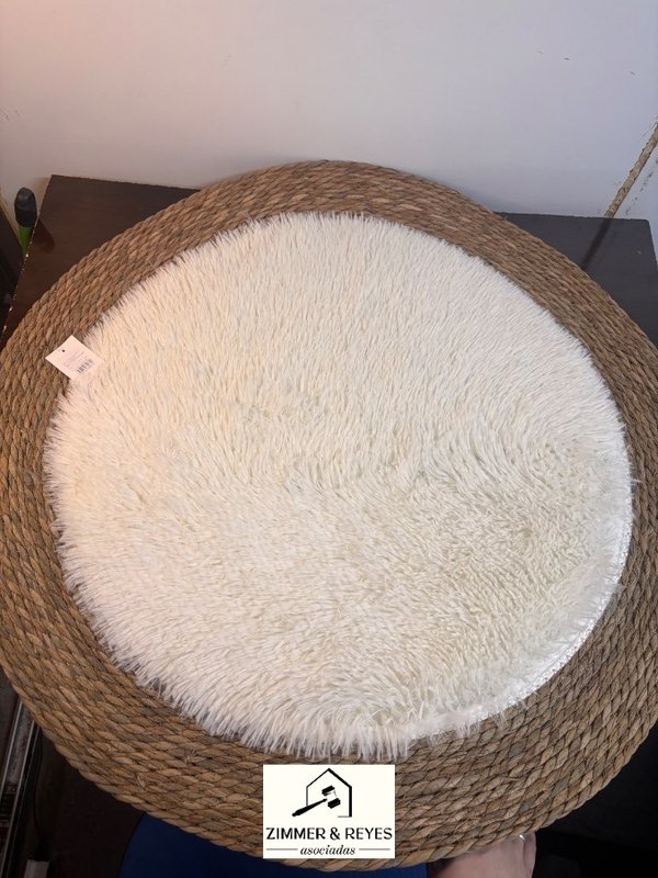 Alfombra Redonda de Yute y Pelo Sintético Blanco