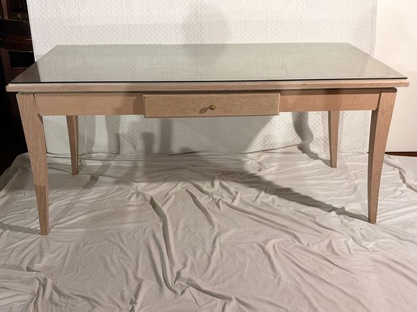 Escritorio/Mesa de Madera Clara con Cajón y Tapa de Vidrio