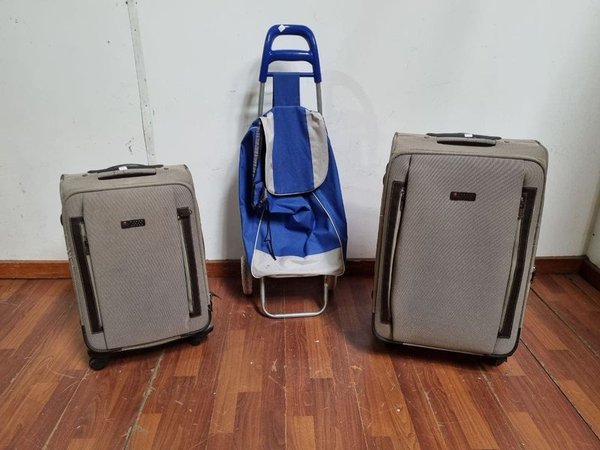 Lote de Valijas Beige con Interior Rayado y Chango de Compras Azul