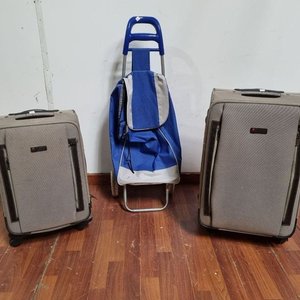 Lote de Valijas Beige con Interior Rayado y Chango de Compras Azul - imagen 1