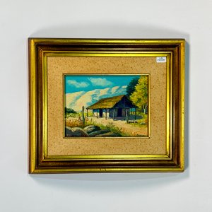 Cuadro al óleo: Paisaje campestre con rancho y sierras, firmado - imagen 1