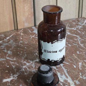 Frasco de Farmacia Antiguo "Elixirium Appetitus" Vidrio Ámbar 15 cm - imagen 3