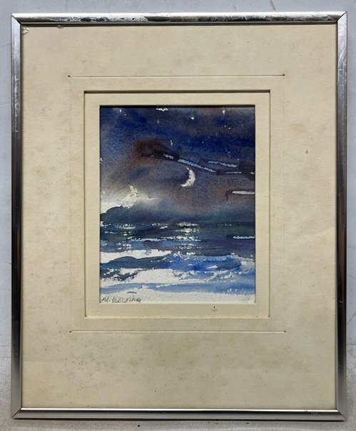 Acuarela de M. Lescano: Luna y mar