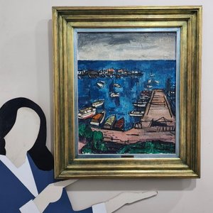 Óleo sobre lienzo "Escena de Puerto" de Jonio Montiel, con marco dorado - imagen 8