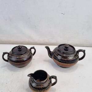 Antiguo Set de Té Cerámica Esmaltada Floral Dorado Policromo - 3 Piezas - imagen 2